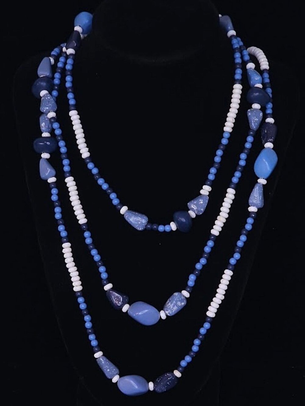 Vintage 3-Strand Blue & White Chunky Acrylic Beaded Statement Necklace